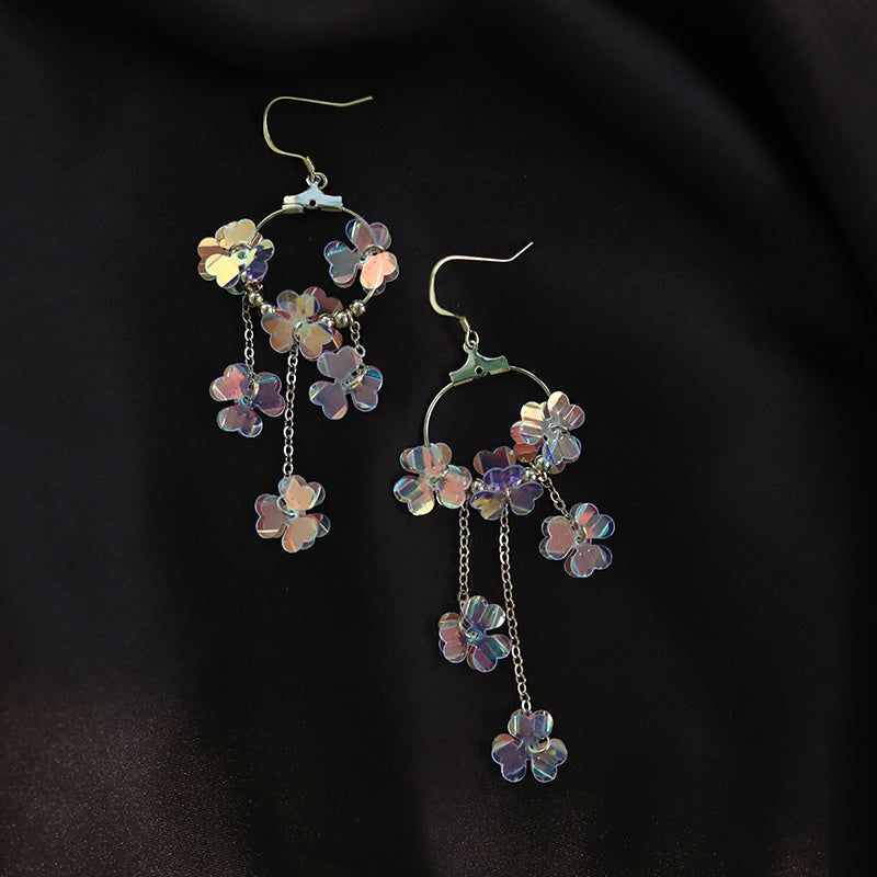 Fourleaf Grass Flower Ring Tassel Earrings