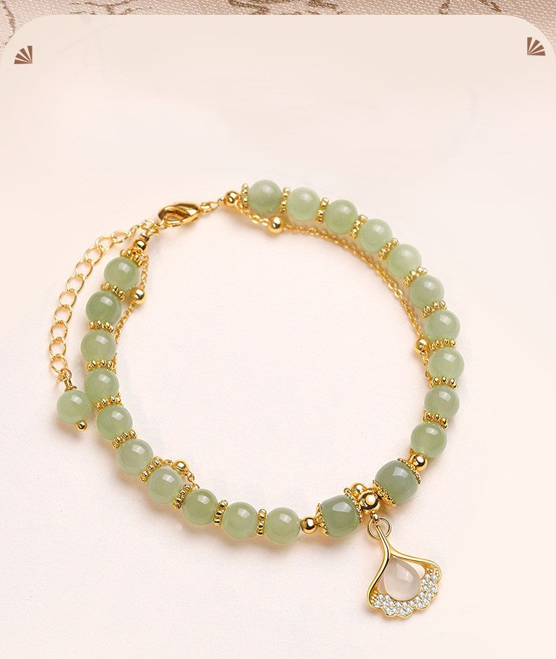 Double Layer Apricot Leaf Hetian Jade Hand String Female Hand