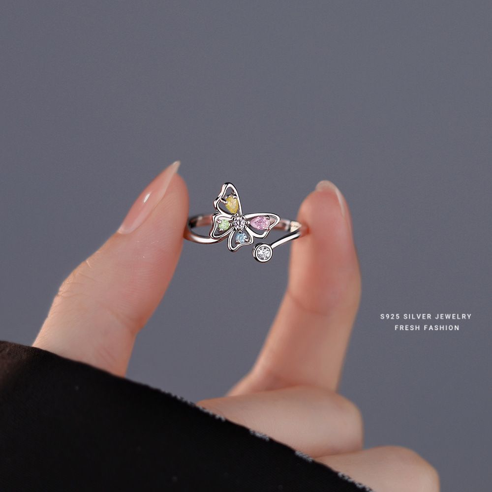 Simple And Creative Hollow Out ButterflyColored Zircon Opening Adjustable Diamond Set Women's Ring