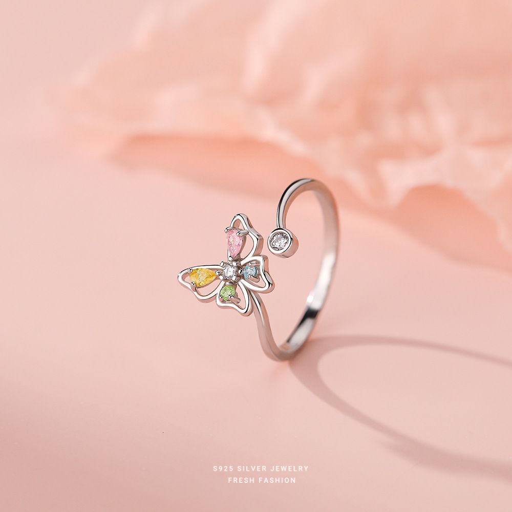Simple And Creative Hollow Out ButterflyColored Zircon Opening Adjustable Diamond Set Women's Ring