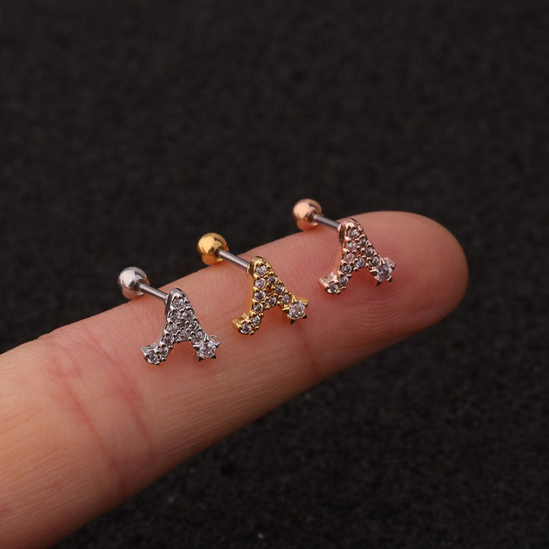 26 English Alphabet Earrings Micro-Inlaid Zircon Screw Earrings Female Stainless Steel Ear Bone Studs