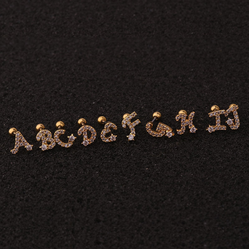 26 English Alphabet Earrings Micro-Inlaid Zircon Screw Earrings Female Stainless Steel Ear Bone Studs