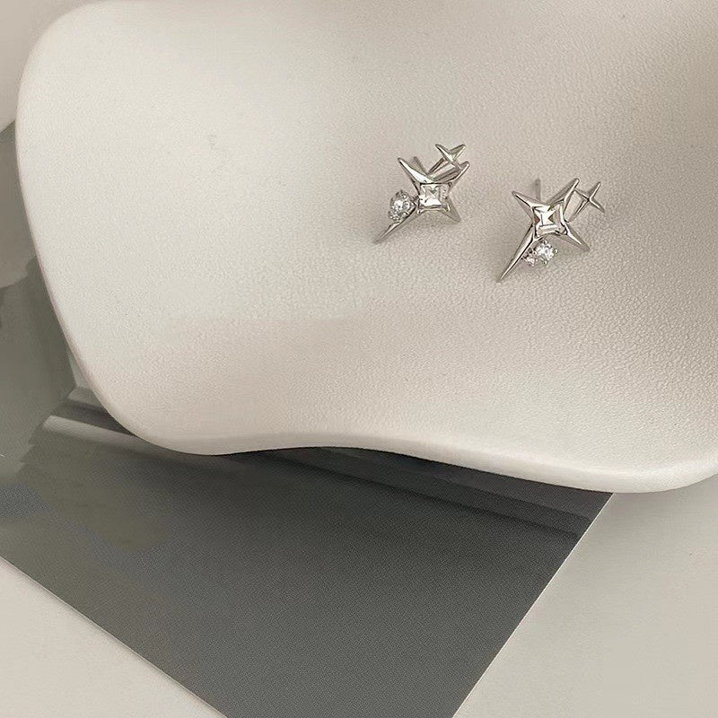 Four Awn Star Cross Zircon Earrings S925 Silver Needle Star Ornaments