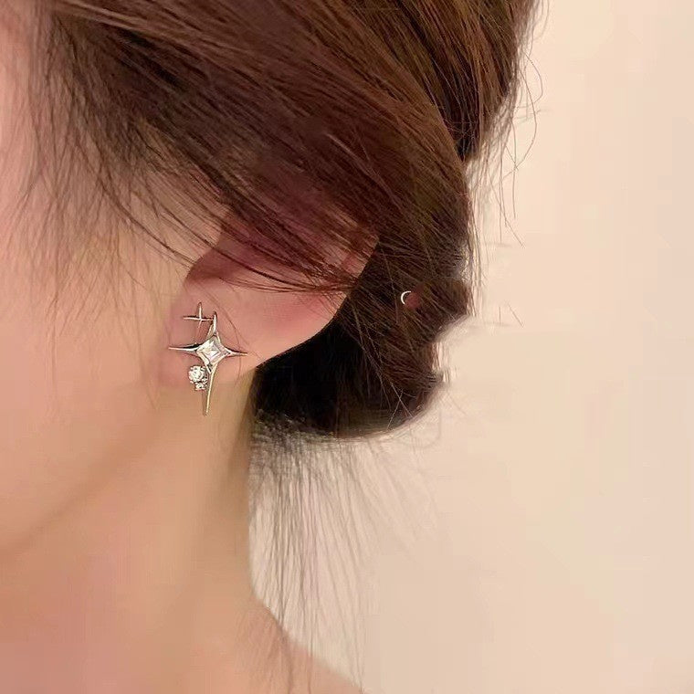 Four Awn Star Cross Zircon Earrings S925 Silver Needle Star Ornaments