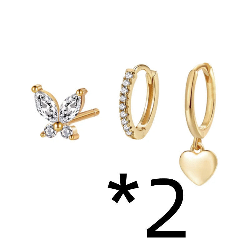 Temperamental Fairy Butterfly Glossy Love Pendant Circle Ear Clip Eardrops Geometric Three-piece Set Earrings Set