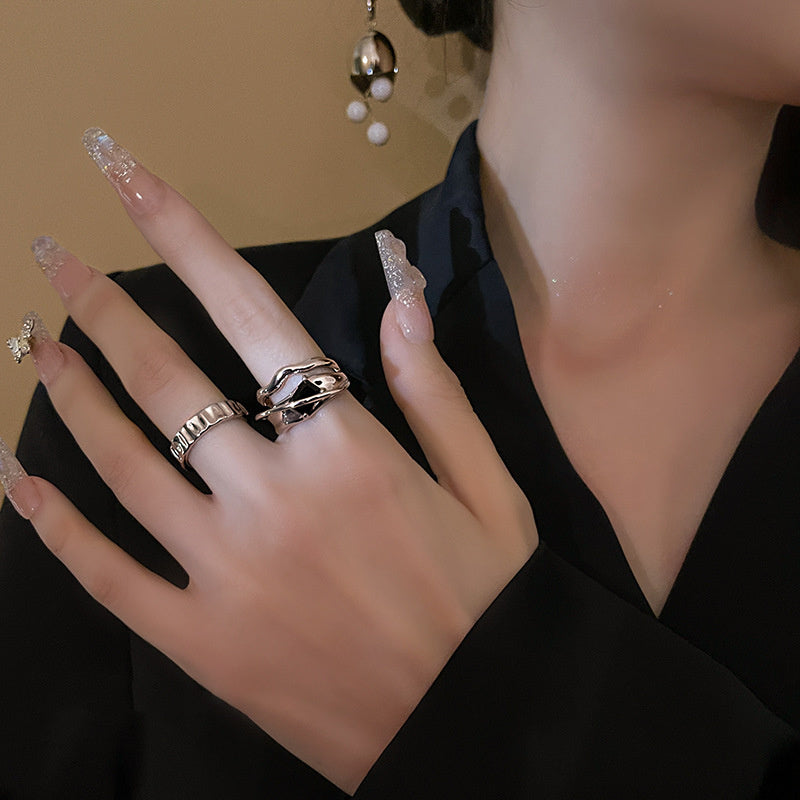 Geometric Cool Wind Ins Black Crystal Ring