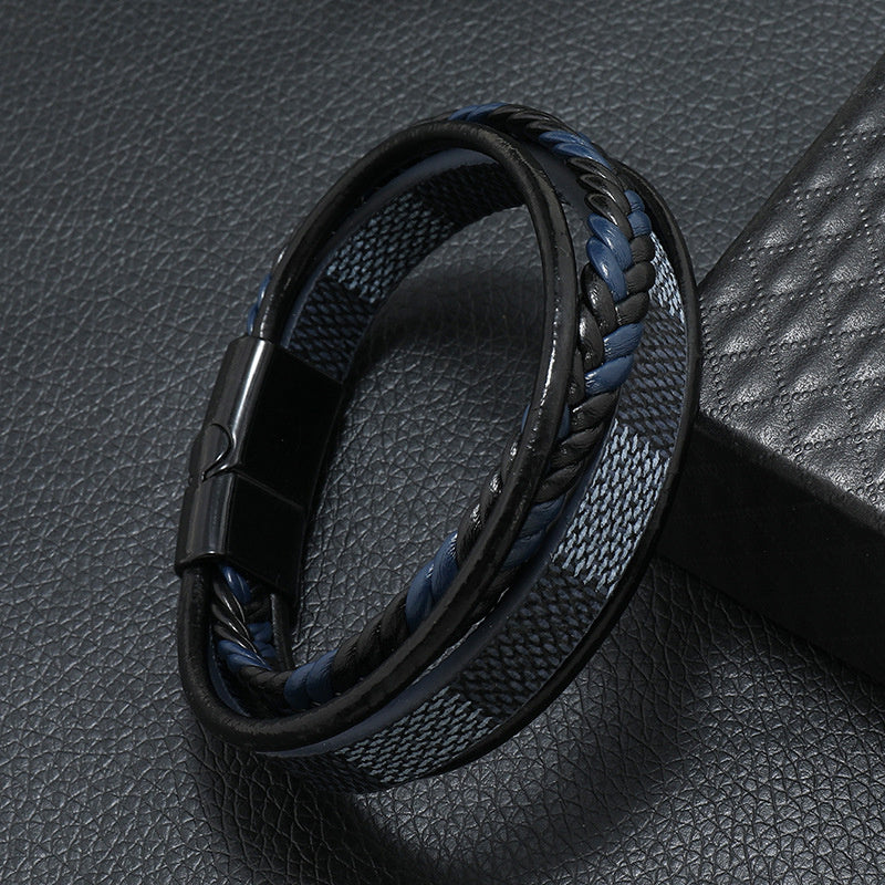 New Men's Authentic Leather Weave Striped Alloy Magnetic Buckle Multi-layer Leather Bangle Bracelet