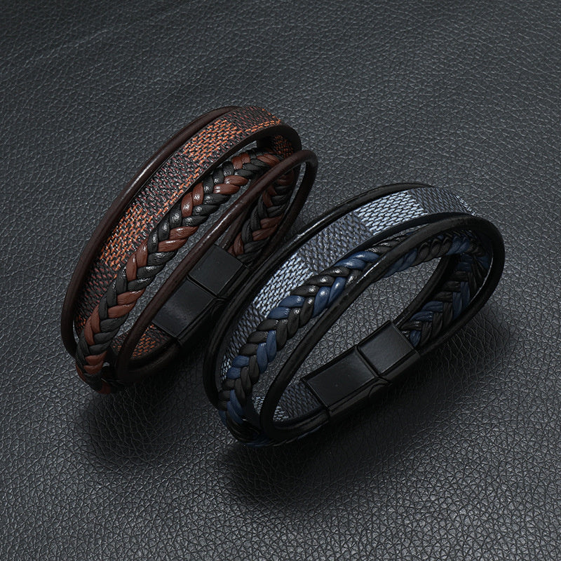 New Men's Authentic Leather Weave Striped Alloy Magnetic Buckle Multi-layer Leather Bangle Bracelet