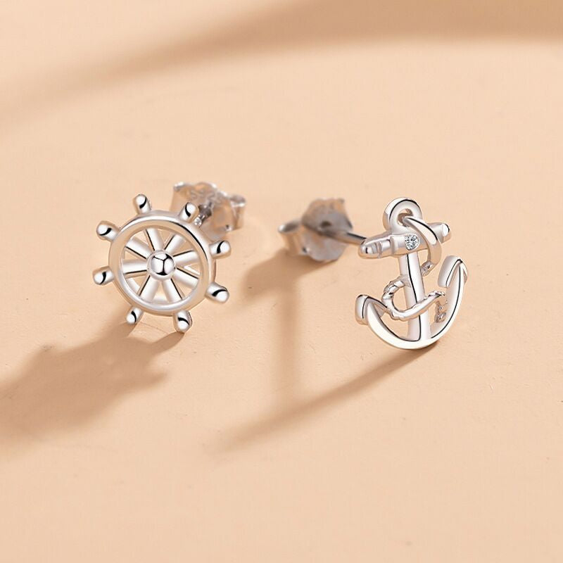 925 Silver Ear Nail Female Fashion Ship Anchor Rudder Asymmetry