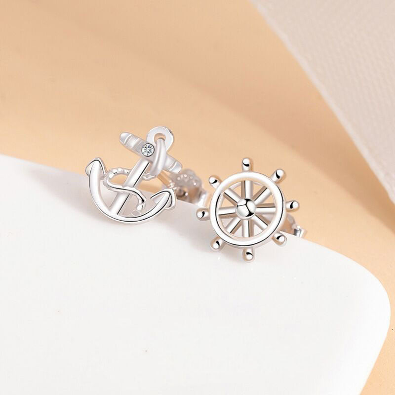 925 Silver Ear Nail Female Fashion Ship Anchor Rudder Asymmetry