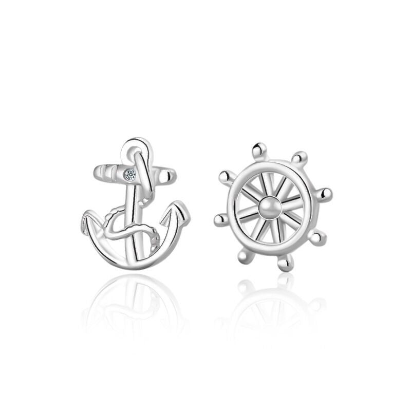 925 Silver Ear Nail Female Fashion Ship Anchor Rudder Asymmetry