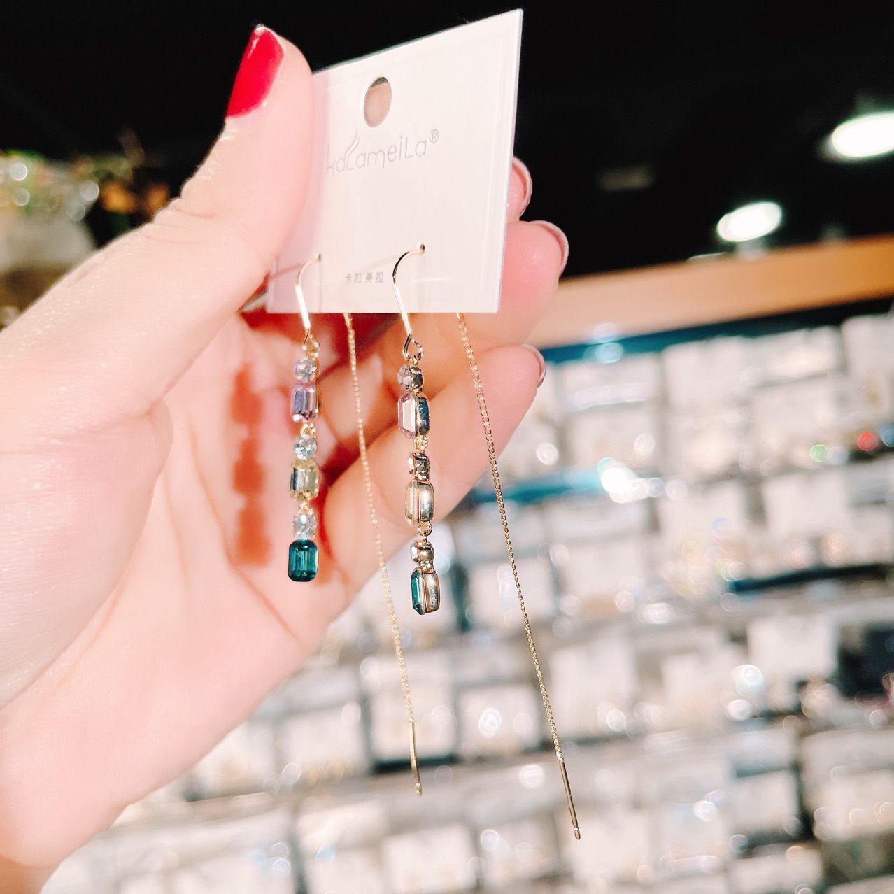 Earring Colored Diamond-encrusted Geometric Tassel Anti-ear-dropping Line Female