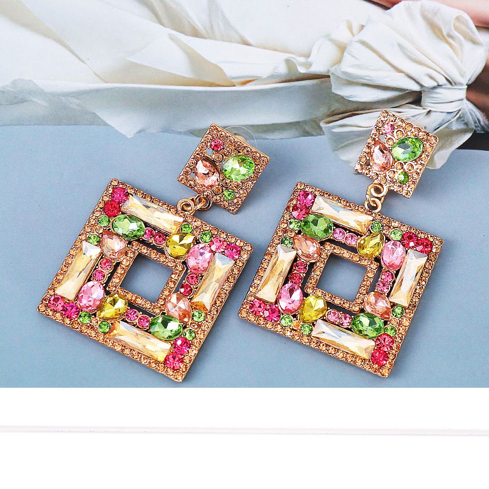Large Plate Square Rhinestone-encrusted Stud Earrings Trendy Fashion Ornament