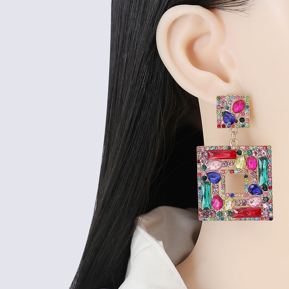 Large Plate Square Rhinestone-encrusted Stud Earrings Trendy Fashion Ornament