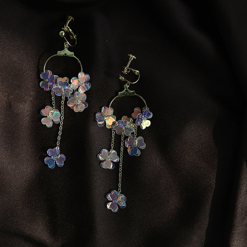 Fourleaf Grass Flower Ring Tassel Earrings