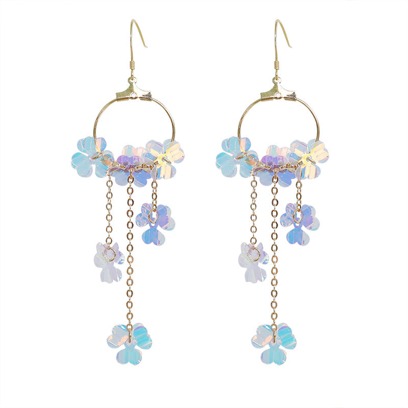 Fourleaf Grass Flower Ring Tassel Earrings