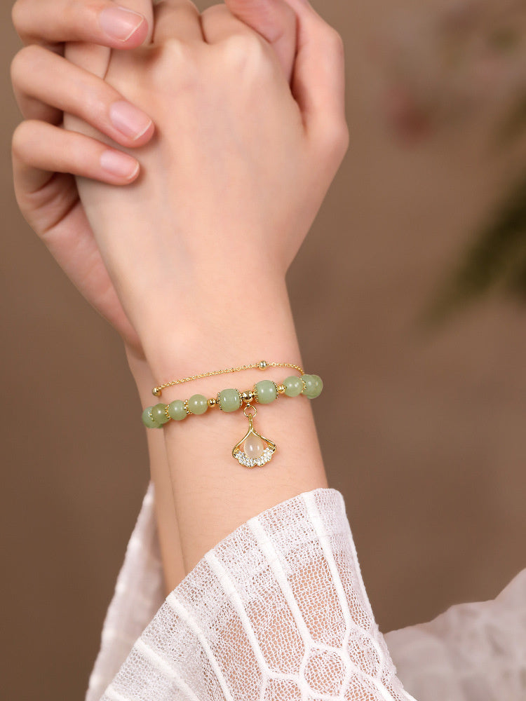 Double Layer Apricot Leaf Hetian Jade Hand String Female Hand
