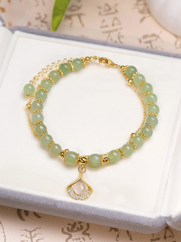Double Layer Apricot Leaf Hetian Jade Hand String Female Hand