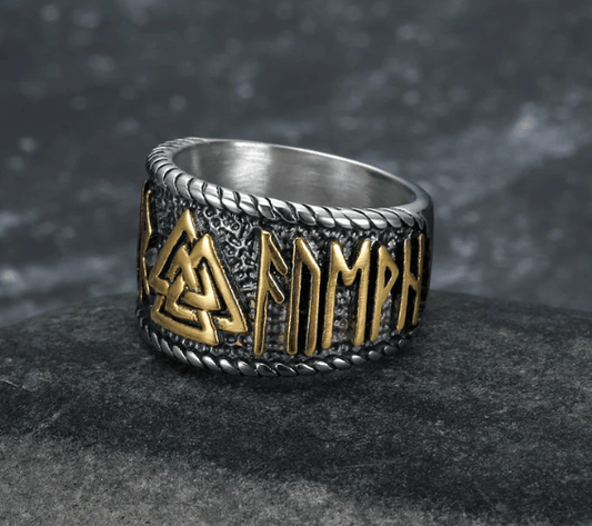 Beowulf Regalia Handcrafted Stainless Steel Dual Color Valknut And Rune Ring