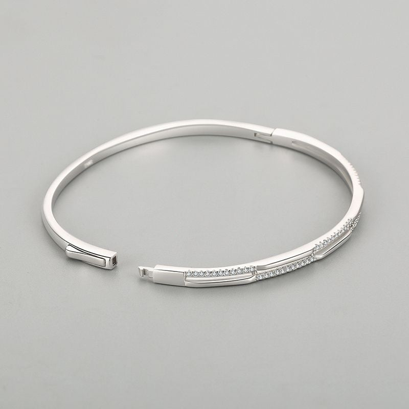 S925 Silver Bracelet Women's Double Layer Line Inlaid With Diamond Opening Collapsible Strap