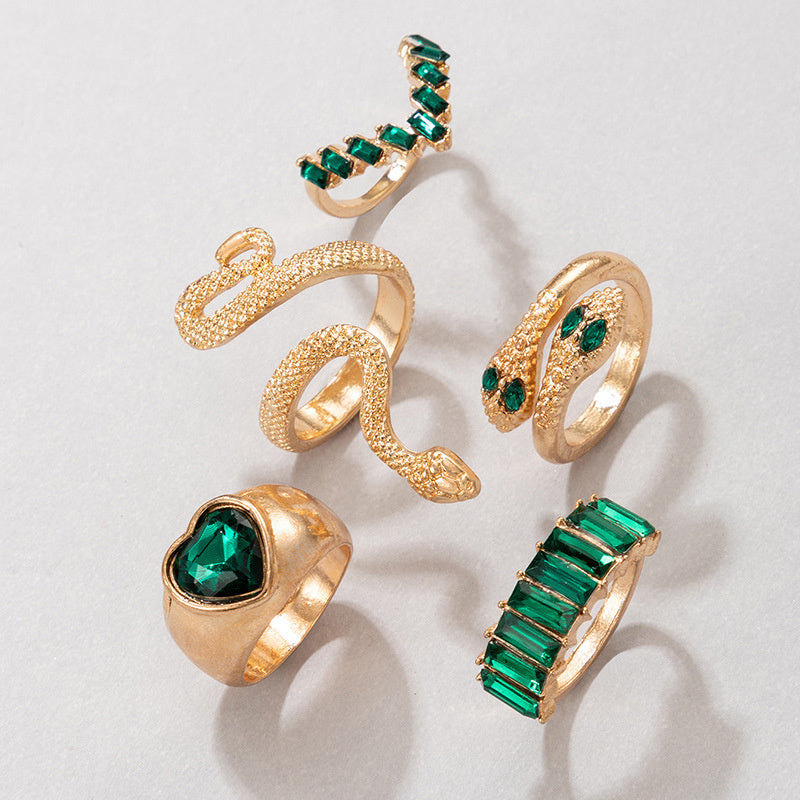 Serpentine Love Imitation Emerald And Diamond Set Five-piece Ring