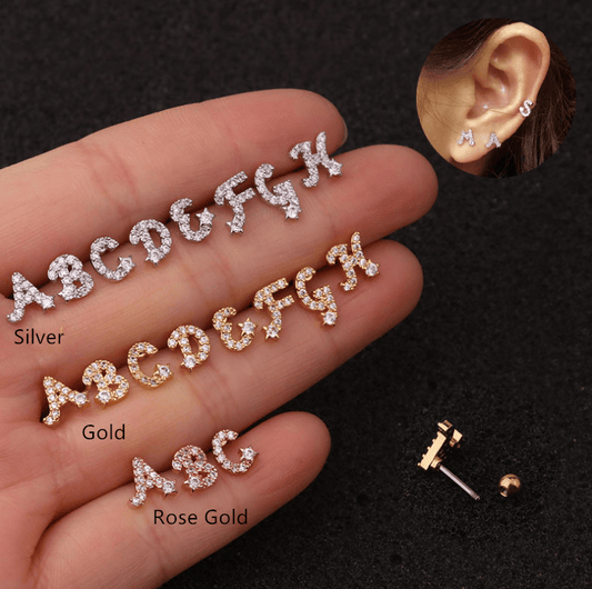 26 English Alphabet Earrings Micro-Inlaid Zircon Screw Earrings Female Stainless Steel Ear Bone Studs