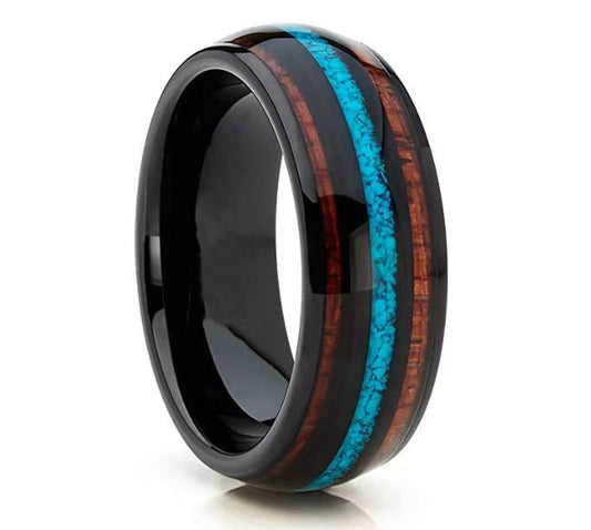 Tungsten Titanium Steel Ring Three Grooves Inlaid With Turquoise