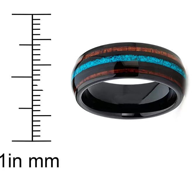 Tungsten Titanium Steel Ring Three Grooves Inlaid With Turquoise