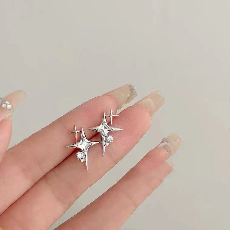 Four Awn Star Cross Zircon Earrings S925 Silver Needle Star Ornaments
