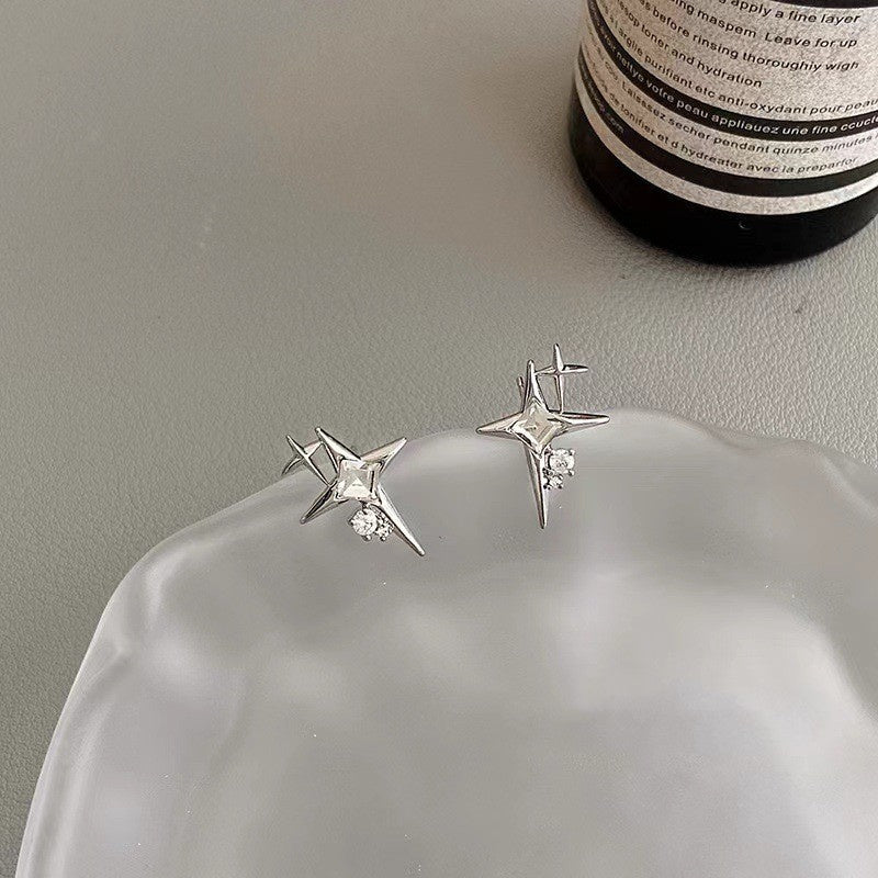 Four Awn Star Cross Zircon Earrings S925 Silver Needle Star Ornaments