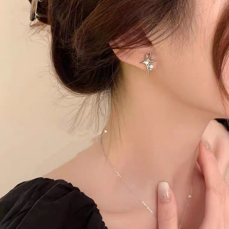Four Awn Star Cross Zircon Earrings S925 Silver Needle Star Ornaments