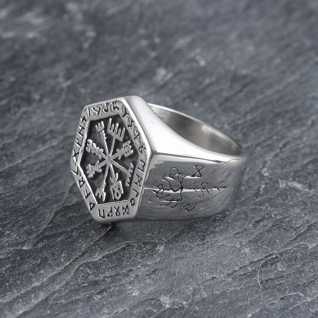 Beowulf Regalia Handcrafted Stainless Steel Hexagonal Vegvisir & Valknut Rune Ring