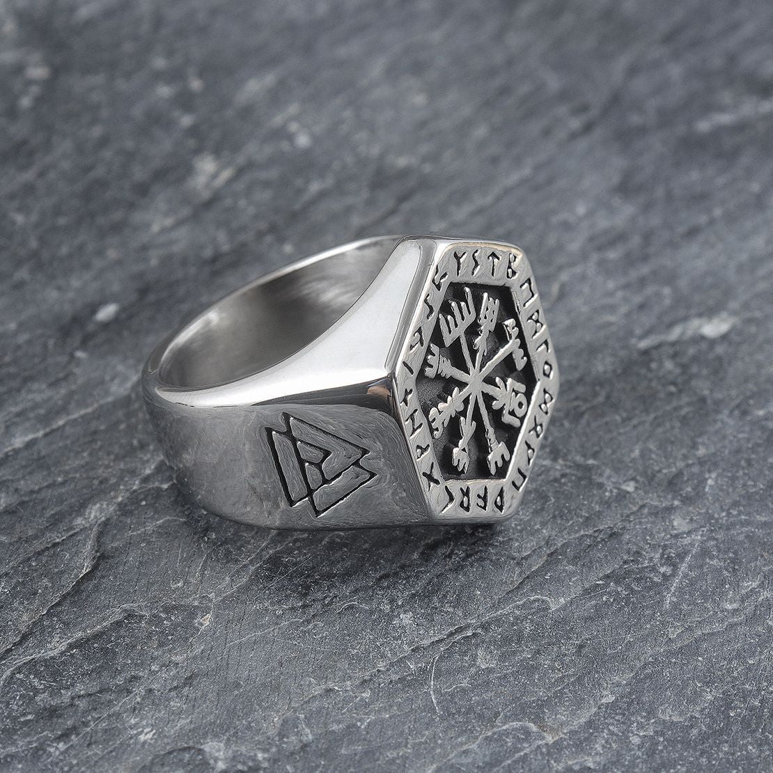 Beowulf Regalia Handcrafted Stainless Steel Hexagonal Vegvisir & Valknut Rune Ring