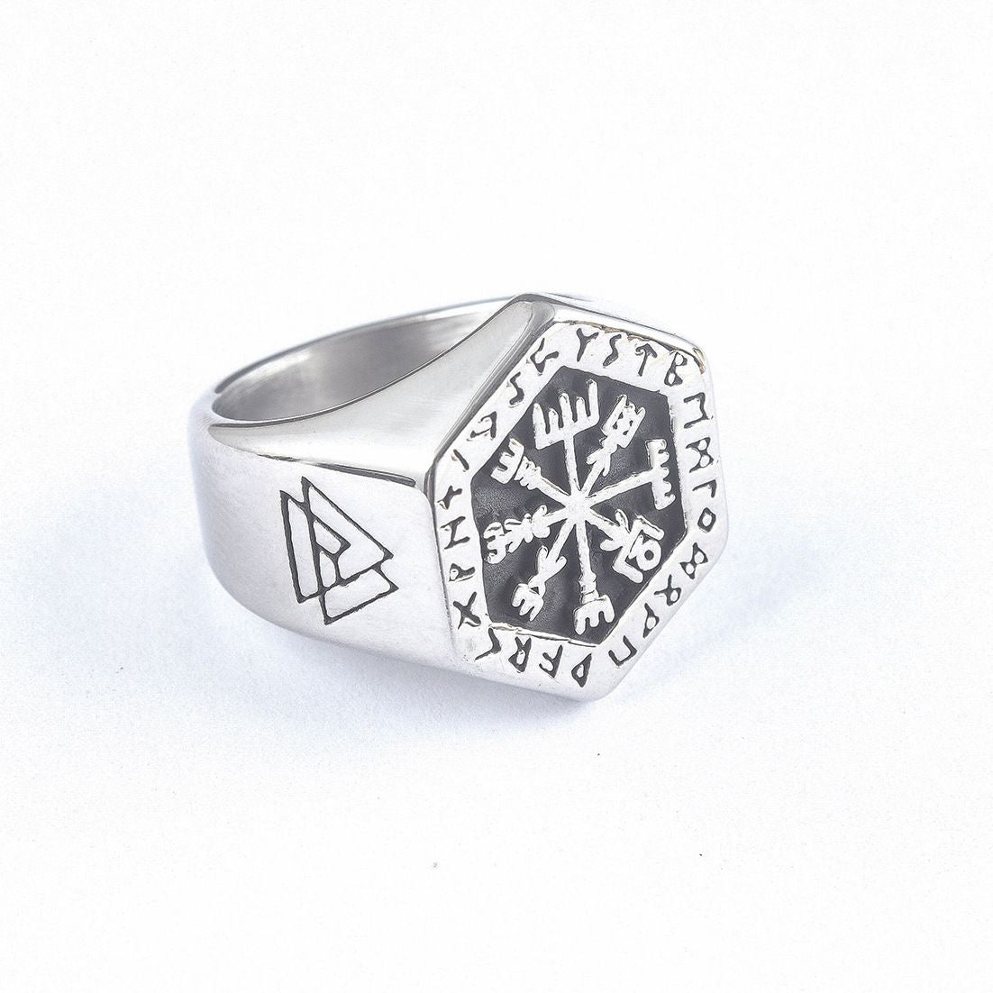 Beowulf Regalia Handcrafted Stainless Steel Hexagonal Vegvisir & Valknut Rune Ring