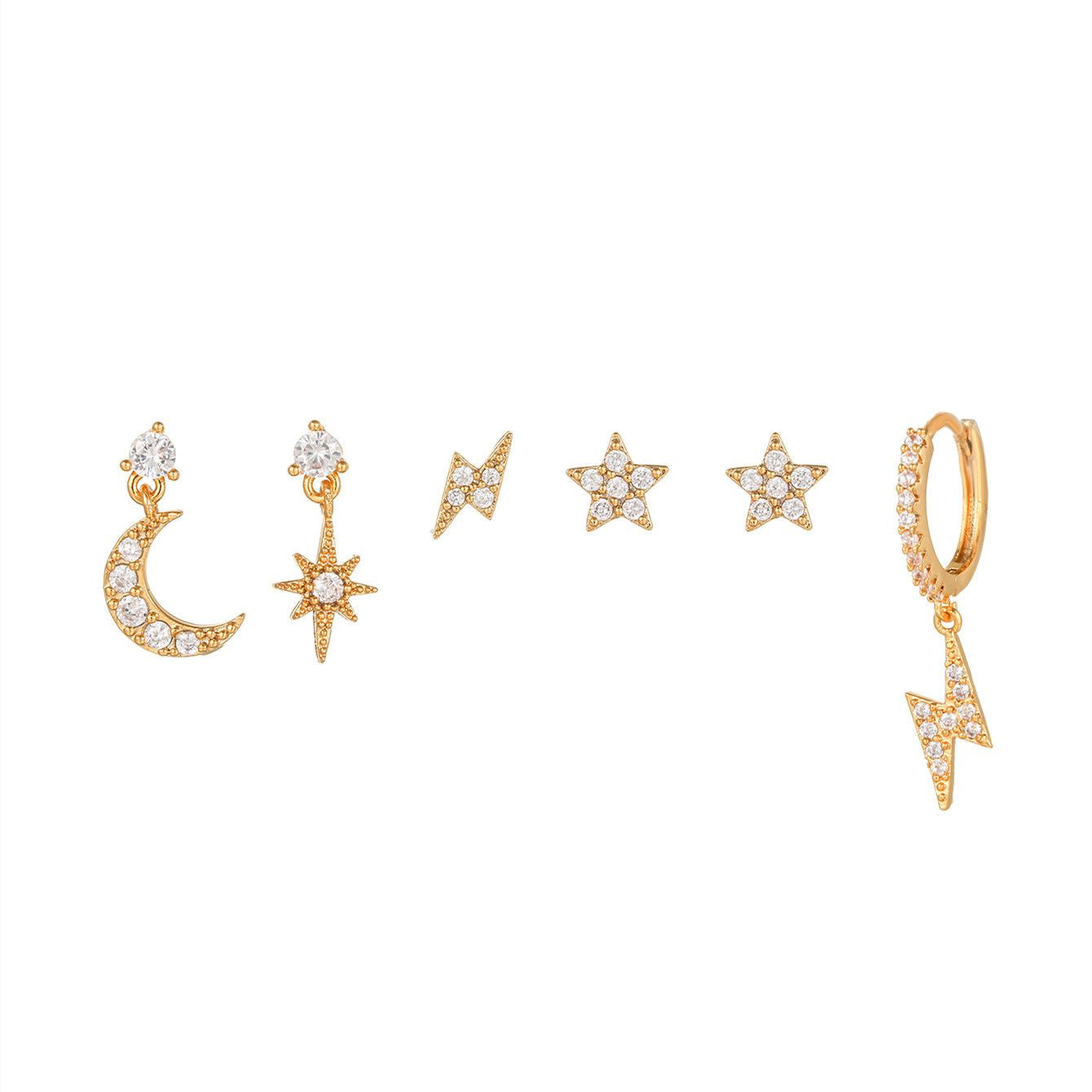 Fashion Five-pointed Star Moon Sun Lightning Earrings Six-piece Set Earrings