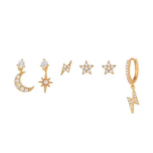 Fashion Five-pointed Star Moon Sun Lightning Earrings Six-piece Set Earrings