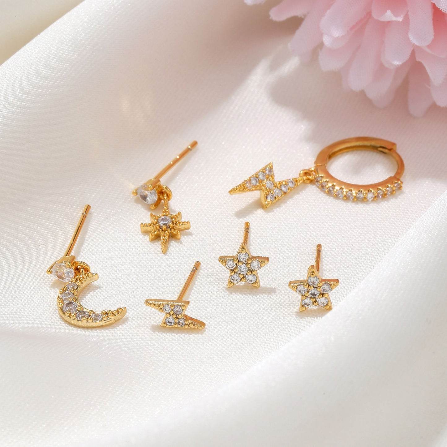Fashion Five-pointed Star Moon Sun Lightning Earrings Six-piece Set Earrings