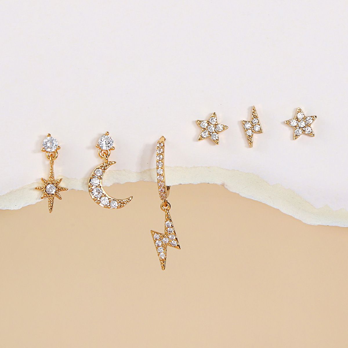 Fashion Five-pointed Star Moon Sun Lightning Earrings Six-piece Set Earrings