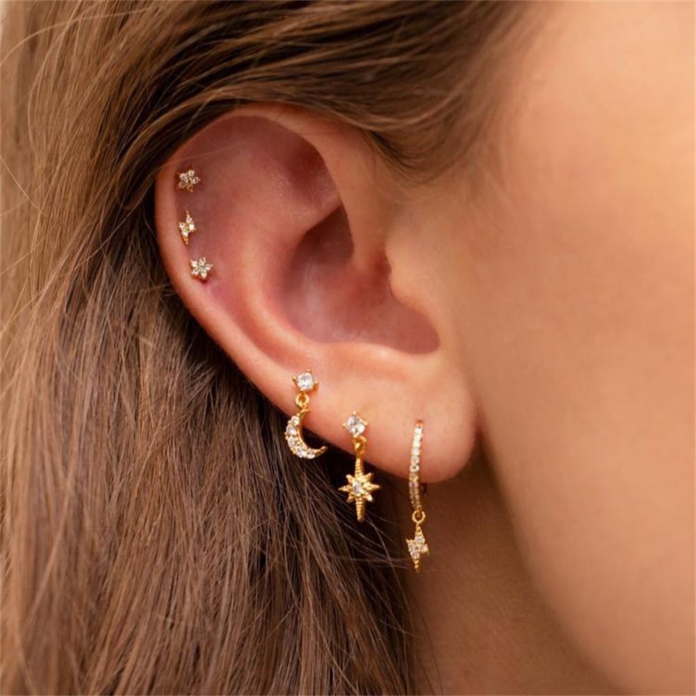 Fashion Five-pointed Star Moon Sun Lightning Earrings Six-piece Set Earrings