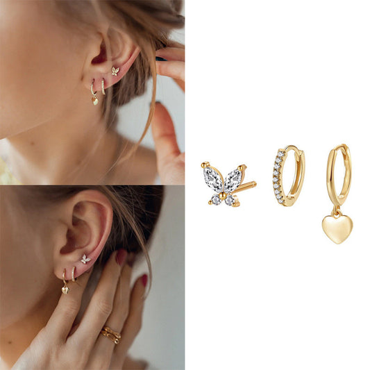 Temperamental Fairy Butterfly Glossy Love Pendant Circle Ear Clip Eardrops Geometric Three-piece Set Earrings Set