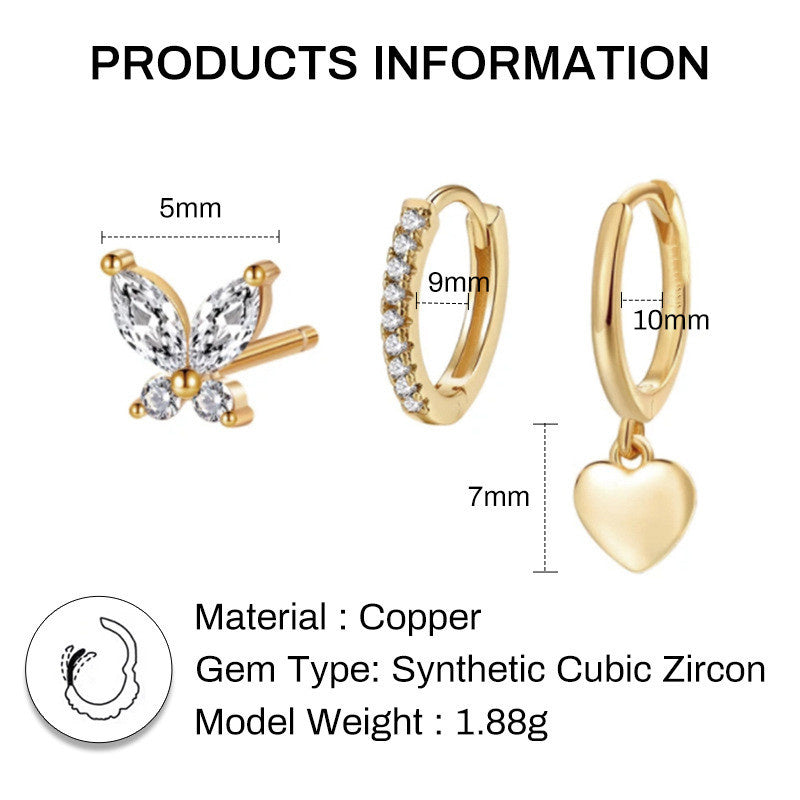 Temperamental Fairy Butterfly Glossy Love Pendant Circle Ear Clip Eardrops Geometric Three-piece Set Earrings Set