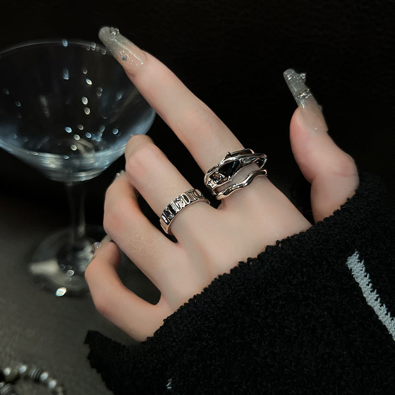 Geometric Cool Wind Ins Black Crystal Ring