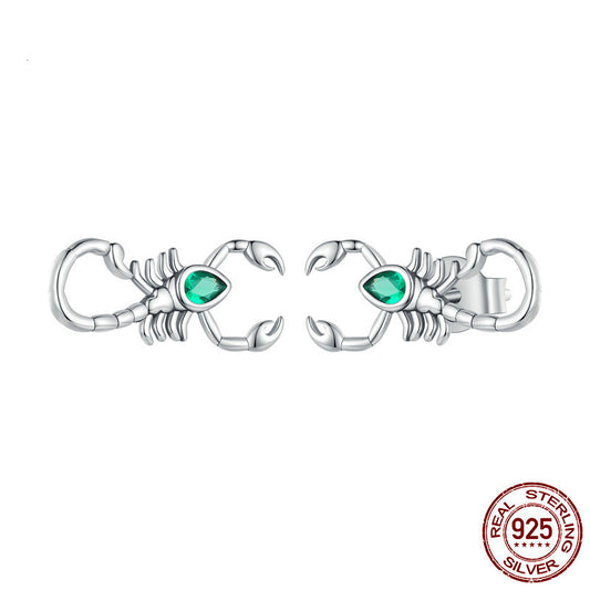 Green Zircon Scorpion Silver Stud Earrings Dark Black