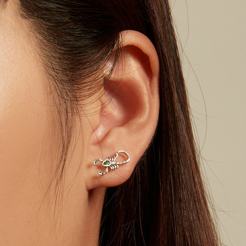 Green Zircon Scorpion Silver Stud Earrings Dark Black