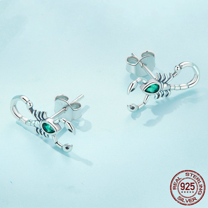 Green Zircon Scorpion Silver Stud Earrings Dark Black