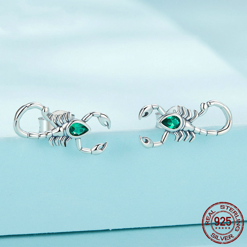 Green Zircon Scorpion Silver Stud Earrings Dark Black