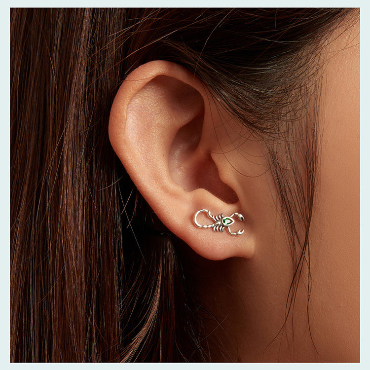 Green Zircon Scorpion Silver Stud Earrings Dark Black
