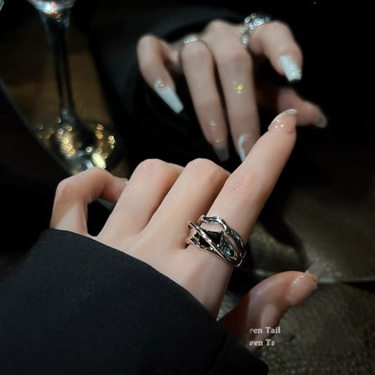 Geometric Cool Wind Ins Black Crystal Ring