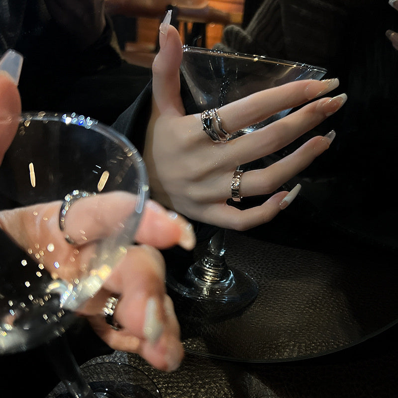 Geometric Cool Wind Ins Black Crystal Ring