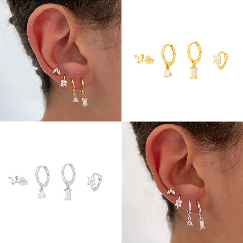 Geometric Horse Eye Flower Zircon Temperament Stacked Ear Accessories Set